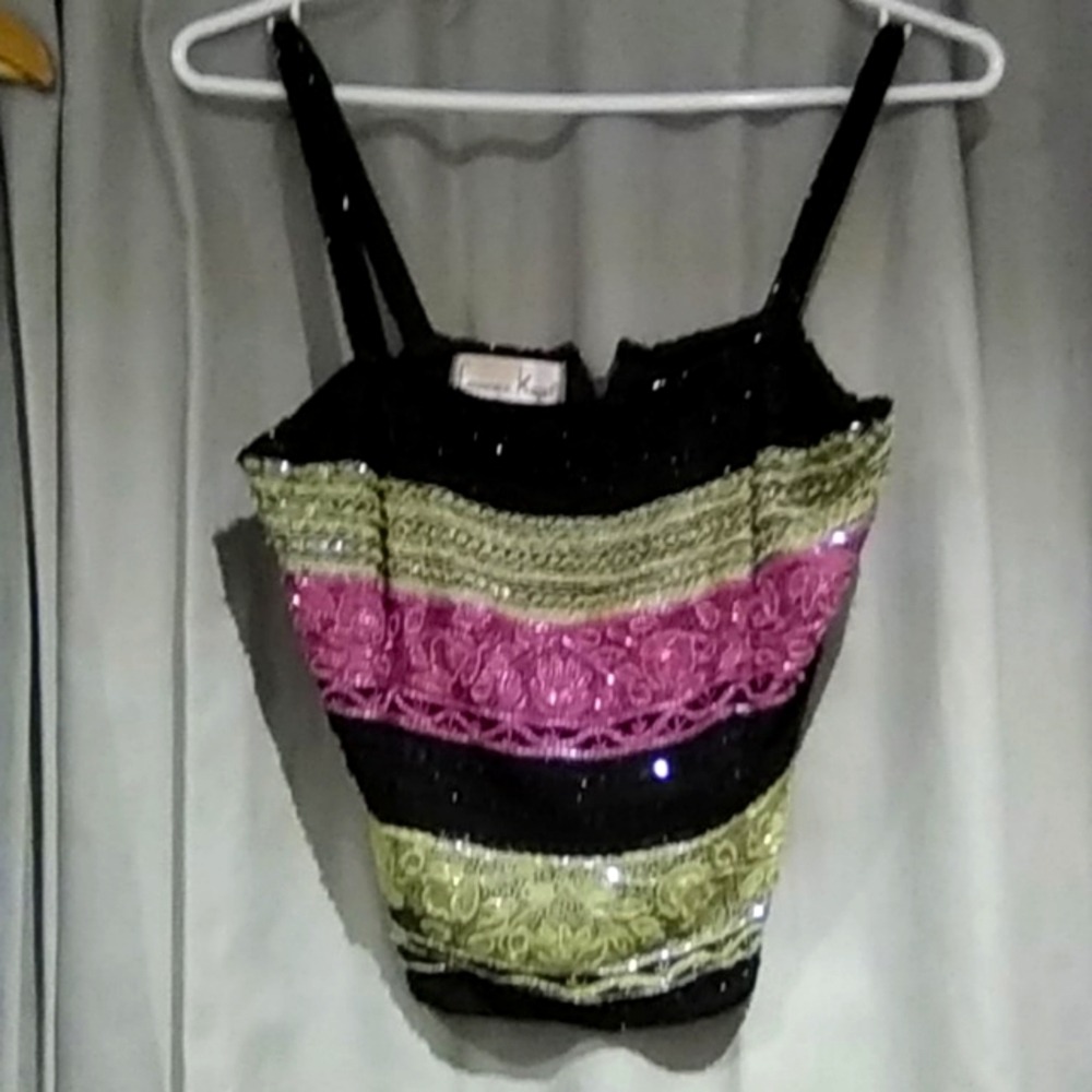 Vintage LAURENCE KAZAR BEADED SEQUIN SPAGHETTI TOP